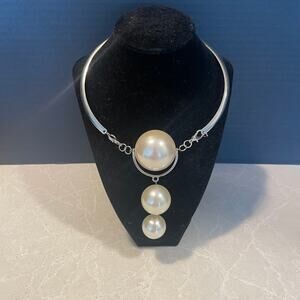 Women's Statement necklace large imitation faux pearls Iron curved silver chain